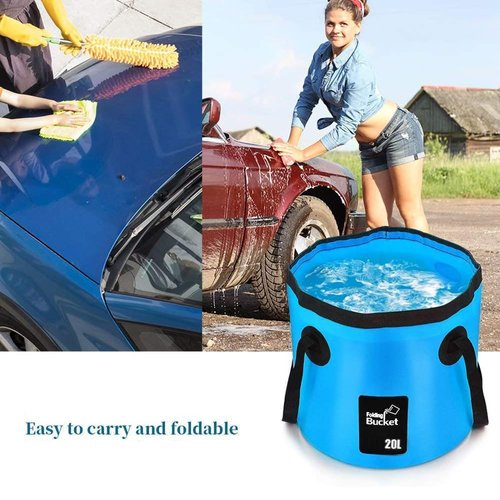 BANCHELLE Collapsible Bucket Water Container Portable Folding Camp Wash Basin for Outdoor Traveling Hiking Fishing Car Washing Gardening Camping (Blue 20L and Black 12L), Total 2 PCS