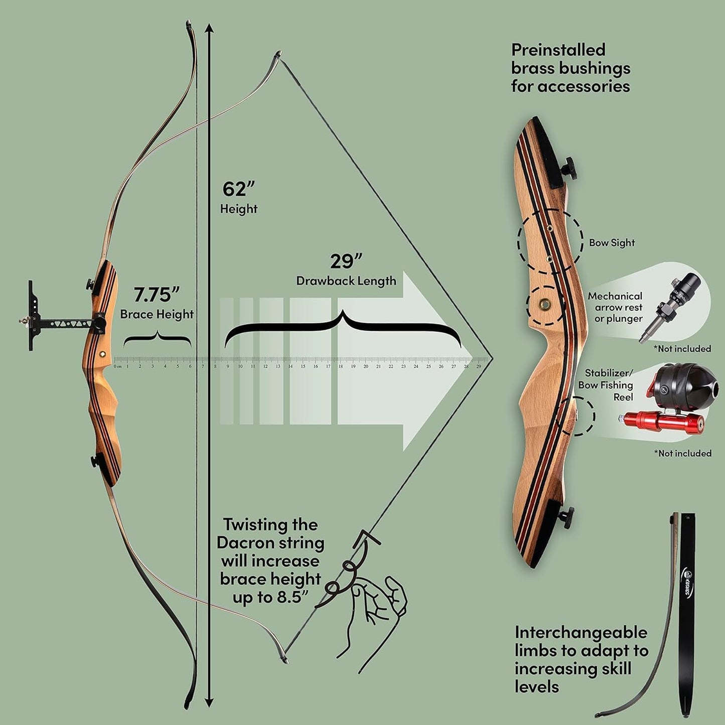 KESHES Takedown Recurve Bow and Arrow Set for Adults & Teens 62" - 15-60lb Draw Weight, Right & Left Handed Bows - Archery Set with Bowstring, Arrow Rest, Stringer Tool, and Bow Sight