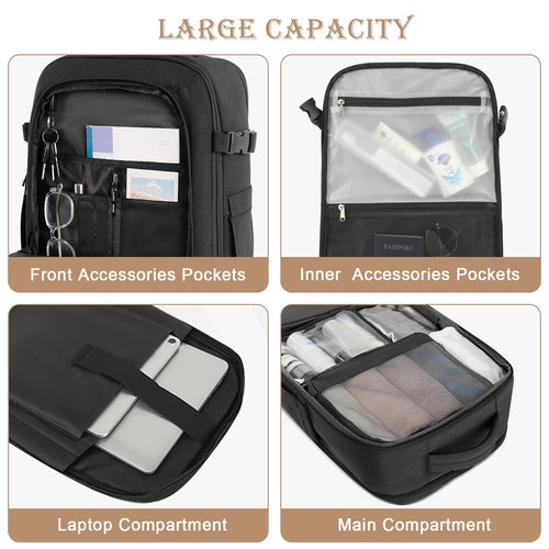 Rinlist Large Backpack for Men Women, Travel Backpack Flight-approved Personal Item Size, 40L Carry on Backpack Casual Daypack, Black