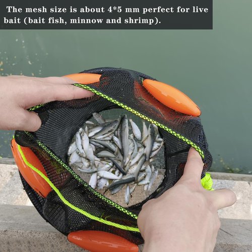 Drasry Large Portable Floating Fishing Basket for Caught Bait Shrimp Minnow Crab Live Well Coated Nylon Net Mesh Collapsible Storage Cage Rubber Kayak Fish Net Bucket(12.6 * 12.6 * 15 in)