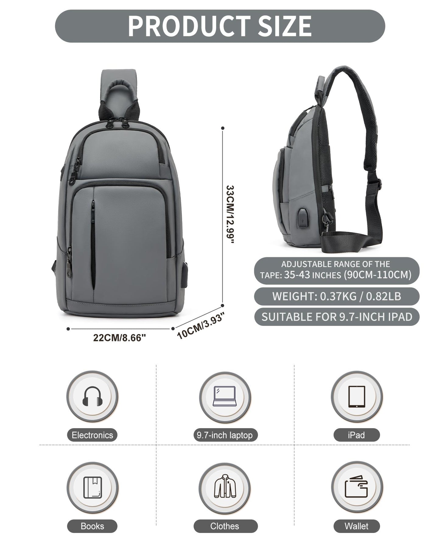 Grey Sling Bag for Men Women, Small Anti Theft One Strap Motorcycle Backpack Sling Tactical Chest Bag for Swimming Diving Outdoor Sports