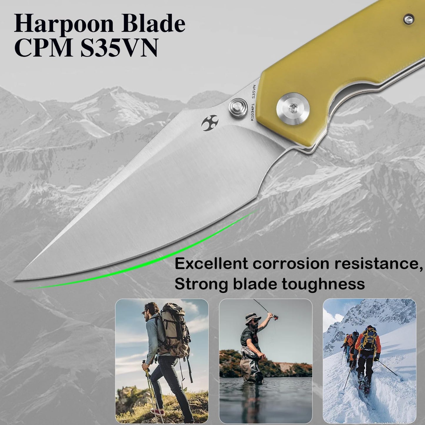 KANSEPT Fenrir Pocket Folding Knives for Men EDC Camping EDC Knives 3.48'' Satin CPM S35VN Material Camping Fishing Knives with Plain Titanium Amber PEI/Ultem Handle Everyday Carry K1034P1