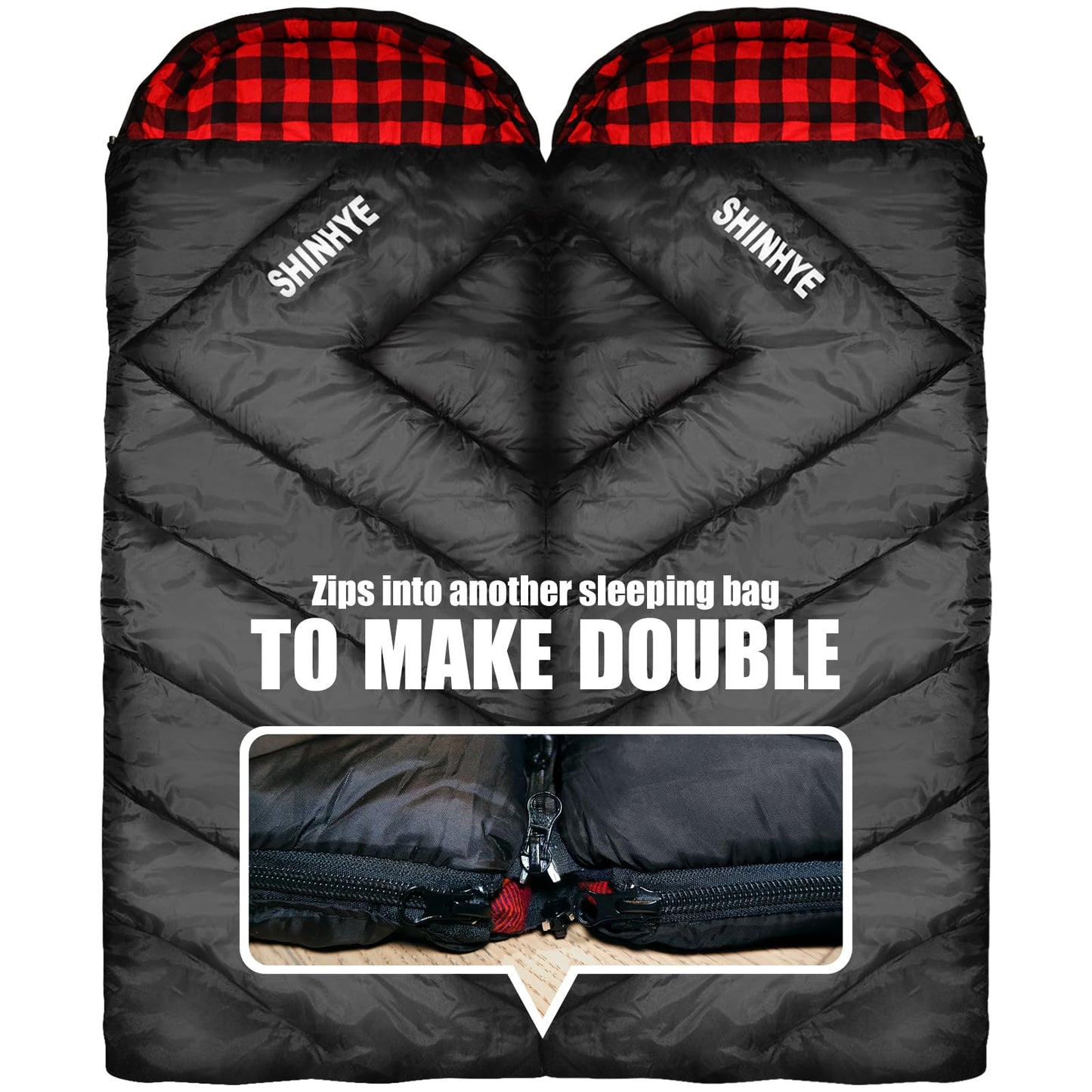 ShinHye 0 Degree Sleeping Bag for Adults - Cotton Flannel 4 Season Cold Weather Winter, XXL Big and Tall Camping Sleeping Bag with Compression Sack (Black, 90"×35" Right Zip)