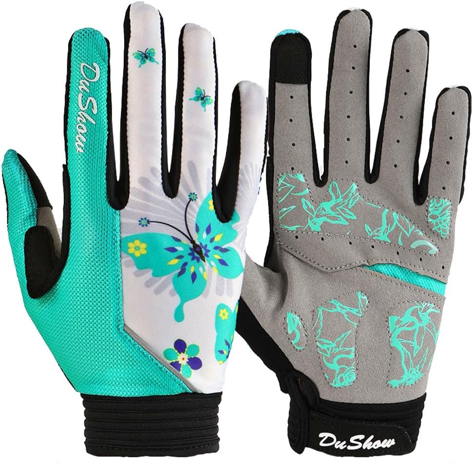 Pink Floral Cycling Gloves for Women | Full Finger Gel Padded Workout Gloves