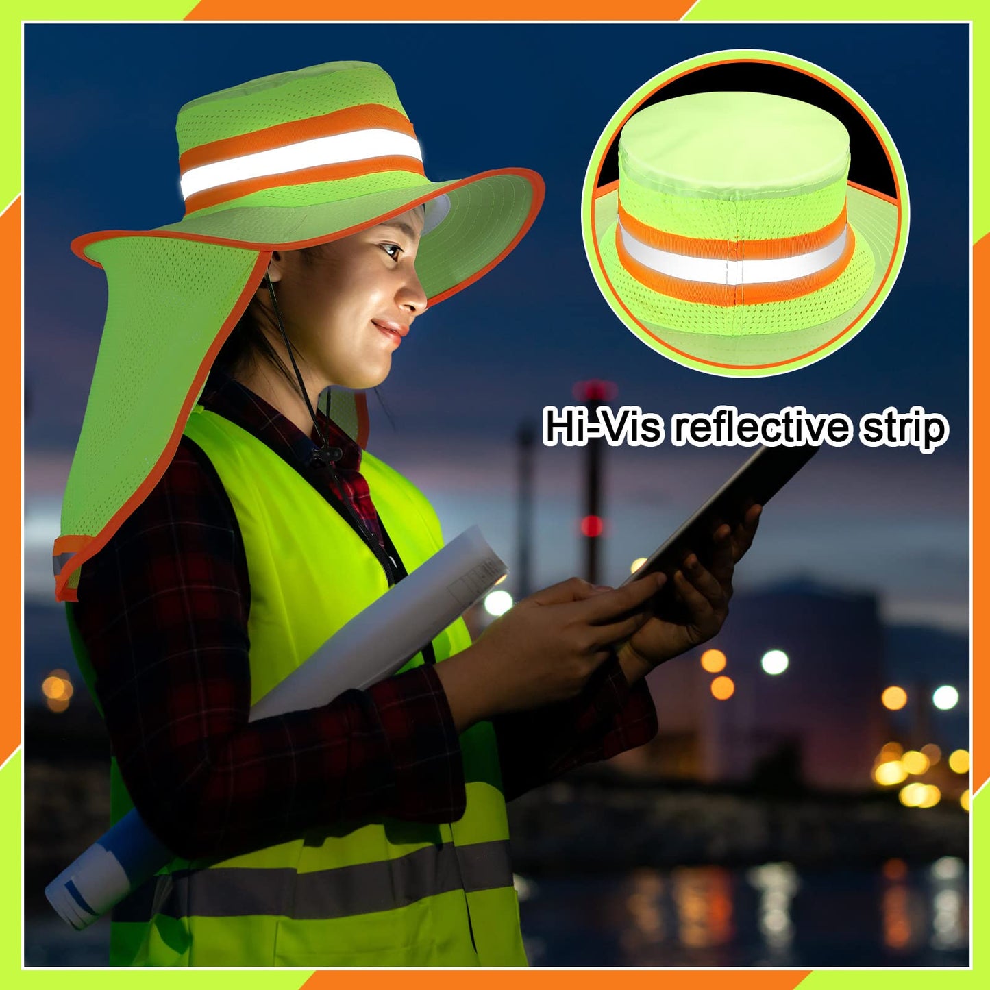Jexine 6 Pcs Reflective Safety Hat High Visibility Neck Flap Boonie Hat Wide Brim Work Hats Breathable Bucket Cap for Worker (Yellow)