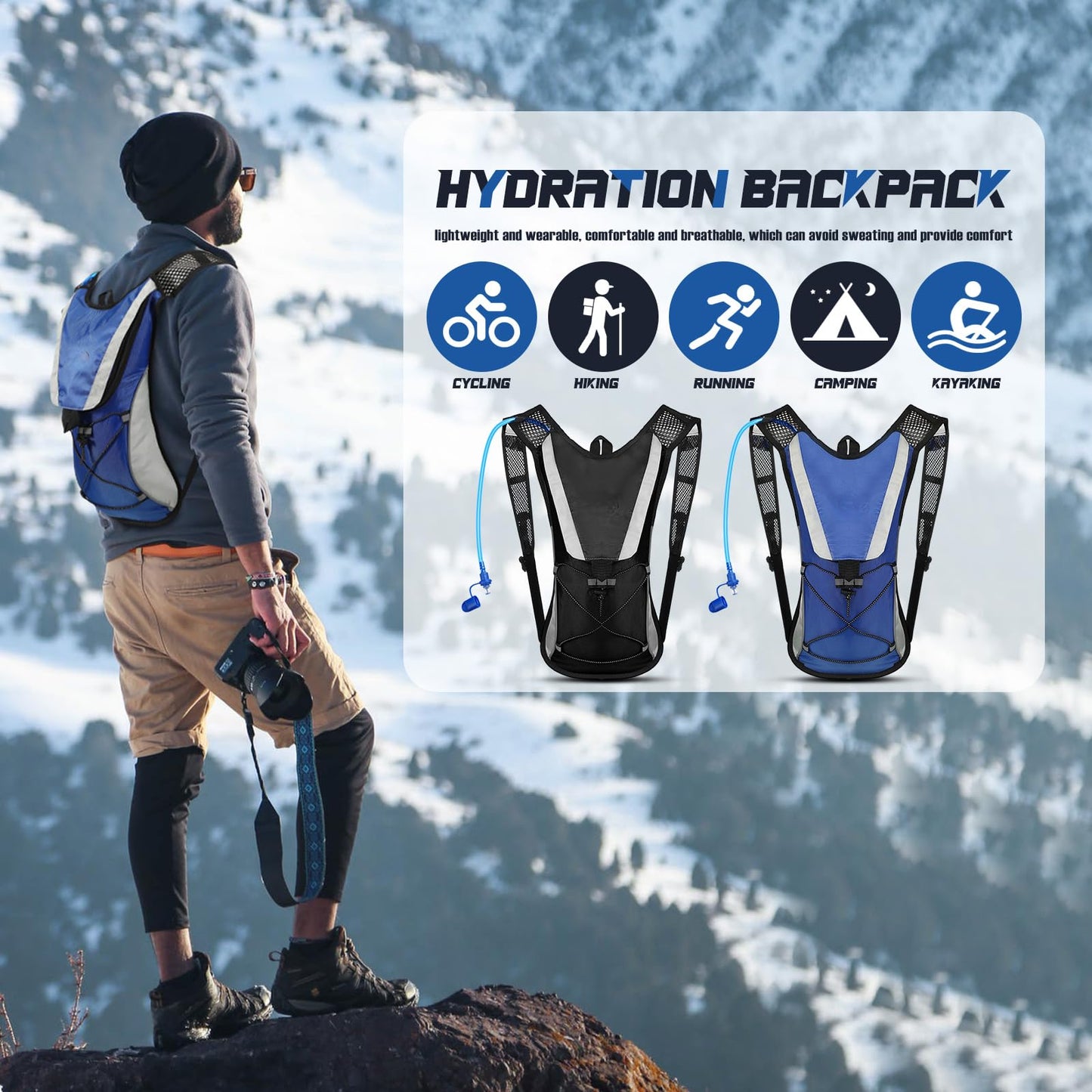 2 Pack Hydration Backpack Pack with 2L Water Bladder, Hiking Backpack with Hydration Bladder Water Rucksack Backpack Bladder Bag Cycling Bicycle Bike/Hiking Climbing Pouch (Black, Blue)