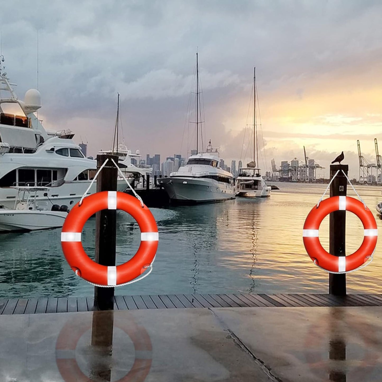 23" Life Ring with Floating Lifesaving Rope 50’ for Boating Safety, Boat Throw Rings with Reflective Strip,Orange Throw Ring with Grab Lines
