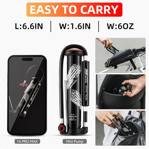 ROCKBROS Mini Bike Pump Portable Bicycle Pump with Hidden Pressure Gauge Fits Presta & Schrader Valves 220PSI Compact Bike Tire Pump for Road/Mountain MBX Bike