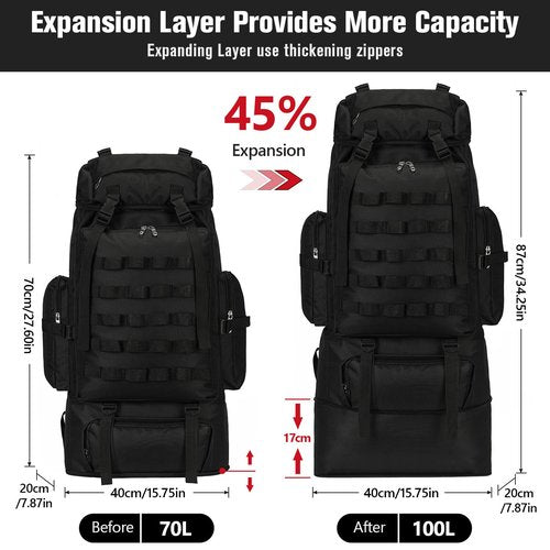 70L/100L Large Camping Hiking Backpack with Rain Cover, Waterproof Molle Rucksack Military Tactical Backpack, Lightweight Backpacking Daypack for Trekking Climbing Outdoor
