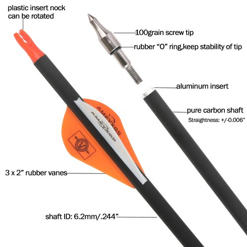 wolfman 31" Pure Carbon Arrows Archery Practice Hunting Arrows Spine 300 350 400 500 600 with Removable Tips Targeting Arrows for Compound & Recurve & Long Bow 6/12pcs (12, Orange, Spine 300)