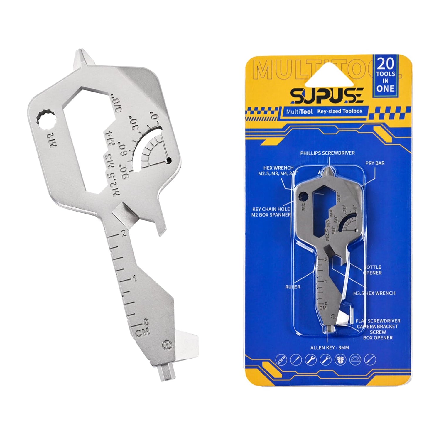 Key Shaped 20 In 1 Keychain Multitool - Pocket Utility Gadget, Bottle Opener Keychain, Wrench, Screw Drivers, Gift for Men and Women, Stainless Steel Keychain Utility Tool, Silver, 1 Pack