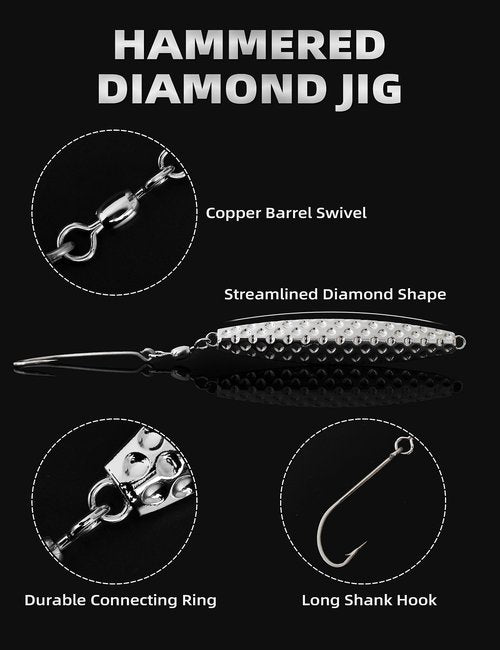 BLUEWING Hammered Diamond Jig Fishing Lures for Saltwater Deep Sea Sinking with Stainless Steel Hook, Chrome 12oz, 1pc