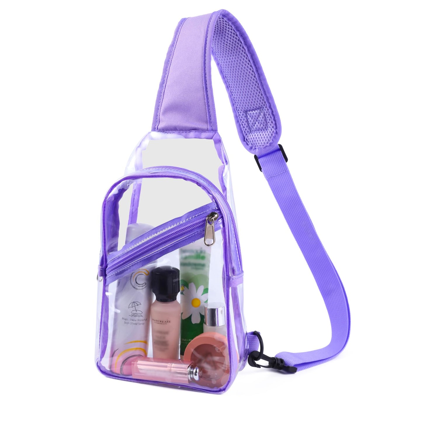 Dotpraise Clear Sling Bag, Stadium Approved, Small Clear Chest Backpack with Front Pocket, Crossbody Chest Bag for Men Women, Purple