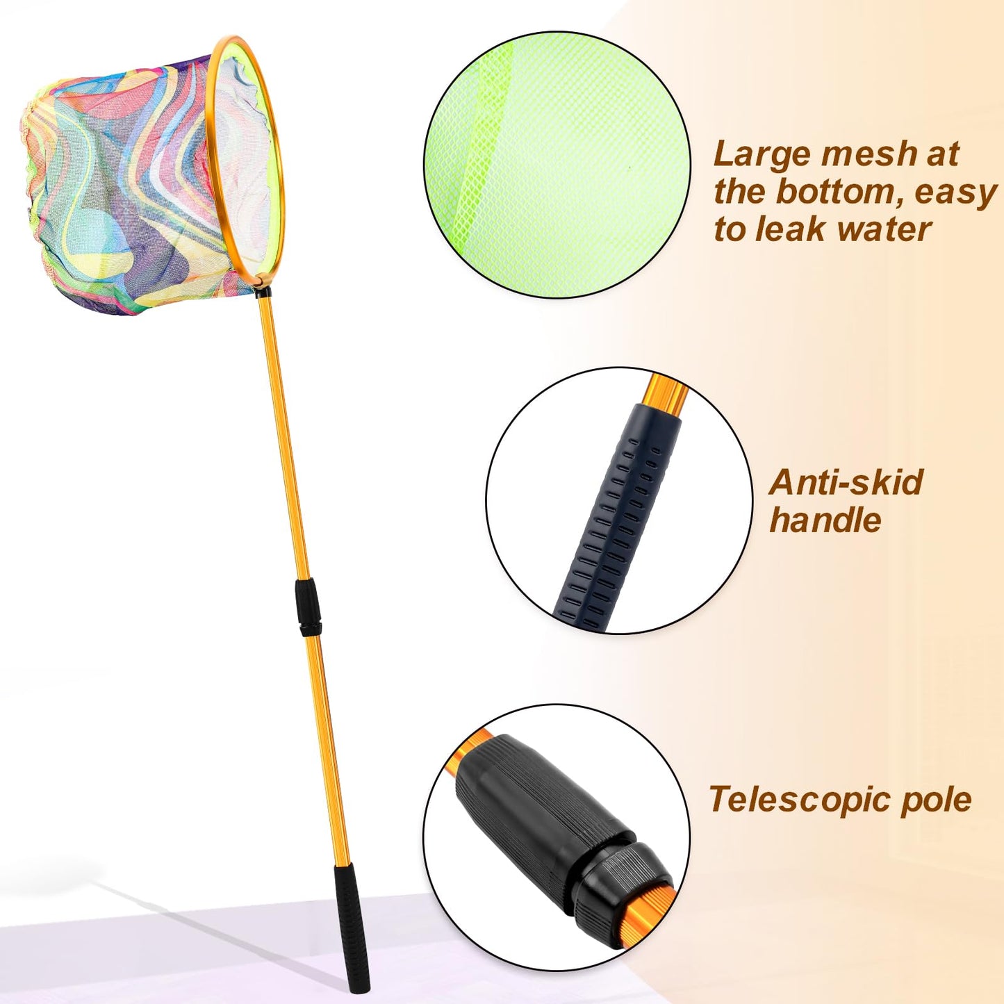 Kids Fishing Net, 3 Pack Telescopic Beach Nets with Aluminum Pole Handle, Butterfly Net for Kids, Fish Net Crab Nets Fishing Gear for Kids Youth, Outdoor Playing