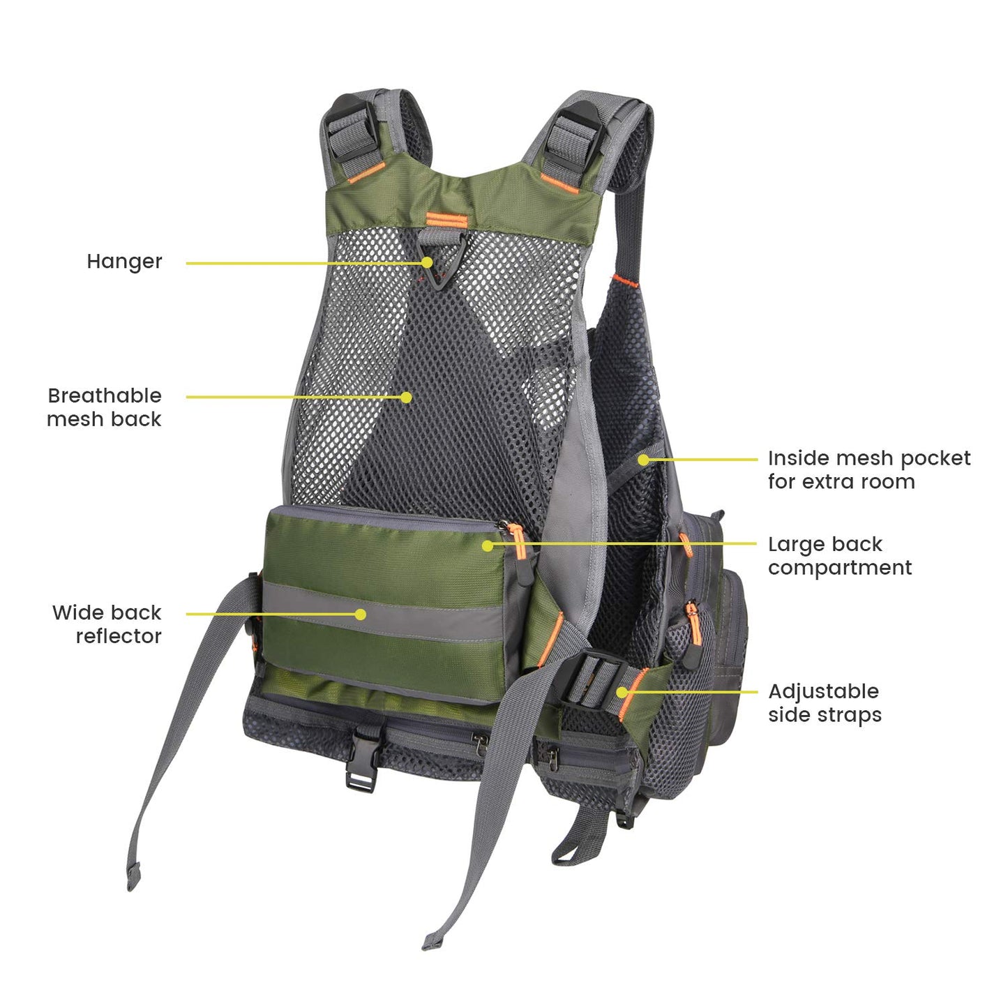 Gonex Fly Fishing Vest for Men Women, Comfortable Adjustable Fishing Vest with Multi-Pockets Reflective Stripes, Green+Gray