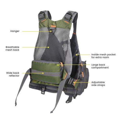 Gonex Fly Fishing Vest for Men Women, Comfortable Adjustable Fishing Vest with Multi-Pockets Reflective Stripes, Green+Gray