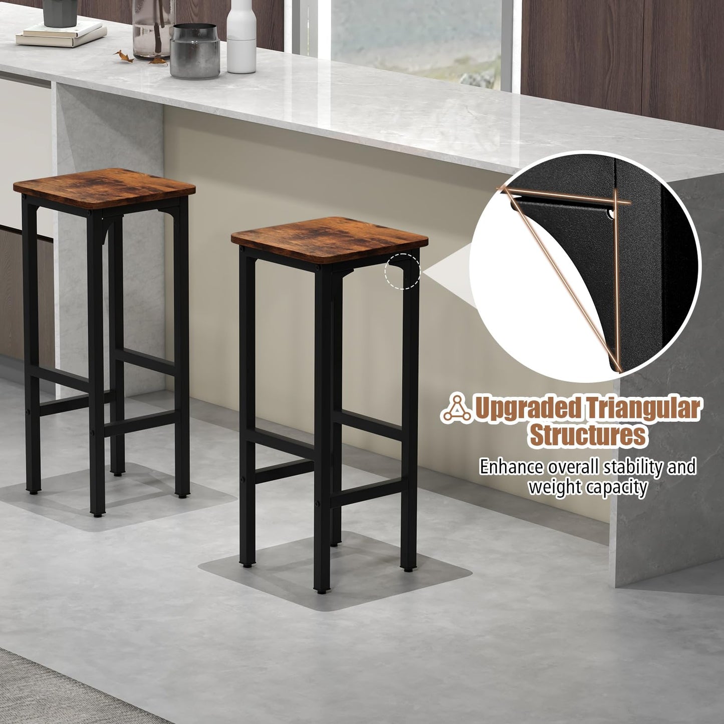 IFANNY Bar Stools Set of 2, 28" Bar Height Stools with Humanized Footrests & Metal Frame, Wood Counter Stool with Adjustable Foot Pads, Industrial Barstools for Kitchen Island, Dining Room (1)
