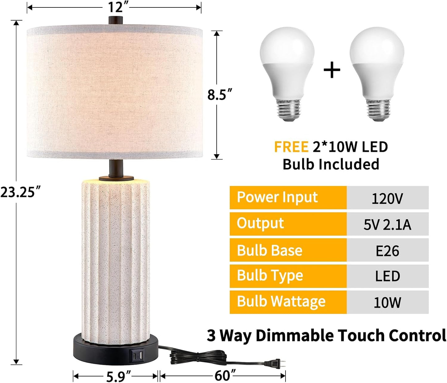 KAWOTI White Ceramic Table Lamp Set of 2 for Living Room 3 Way Touch Control Bedside Lamps with USB Ports and AC Outlet (Bulbs Included)