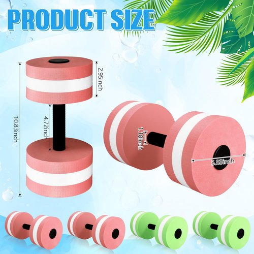 PullCrease 4 Pcs Water Weights Aquatic Exercise Dumbbells for Pool Water Dumbbell Set EVA Foam Pool Weights Dumbbells Resistance Water Aerobics Weight Fitness Barbells Equipment(Pink, Green)