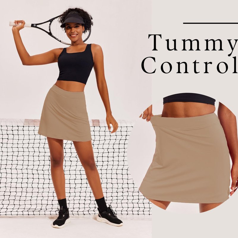 Ekouaer High Waisted Skort for Women 16 Inch Silicone Grippers Golf Skirts for Woman Workout Skirt Tennis Skirt,Khaki Small