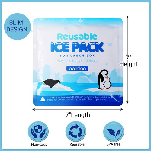 Belinlen 4 Pack Reusable Ice Packs for Lunch Boxes - 7x7 Inch Long-Lasting Freezer Packs, BPA-Free Gel & Leakproof Design Cold Packs for Cooler, Camping, Travel