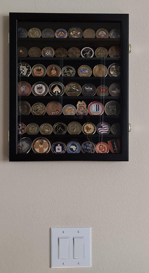 DisplayGifts Military Challenge Coin Display Case Poker Chip Display Cabinet Stand Wall Mount Cabinet for Coin and Metal Collectors, 17.5 X 14 Black Frame