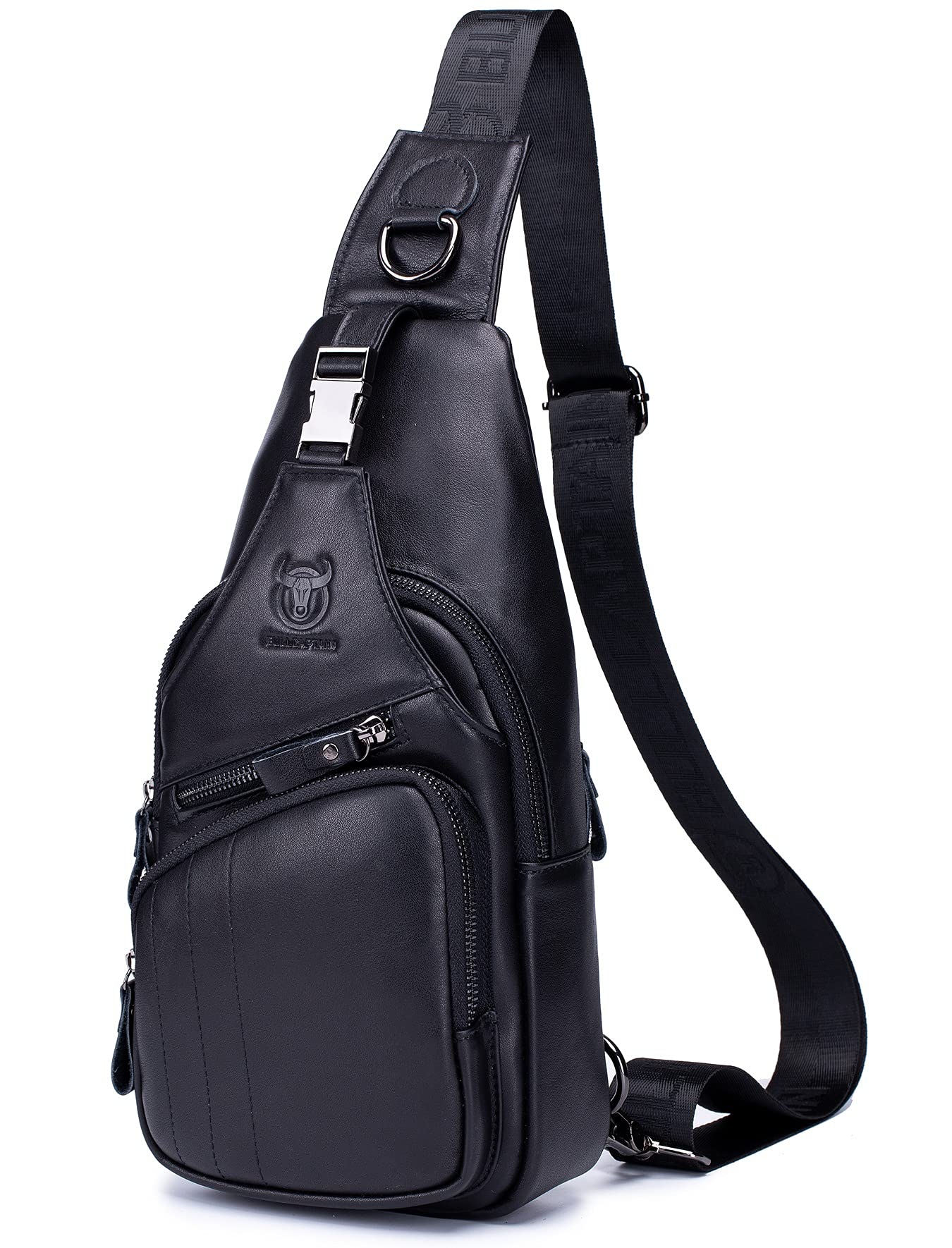 BULLCAPTAIN Men Sling Chest Bag Genuine Leather Casual Multipurpose Crossbody Shoulder Backpack Travel Hiking Daypack (Black)