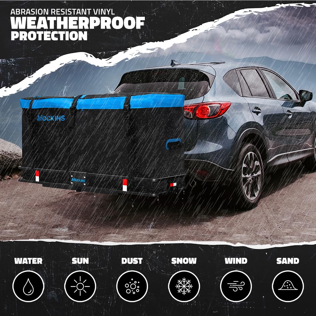 Mockins 25 CuFt Large Trailer Hitch Cargo Carrier Bag | 60"x24"x31" All Weather Cargo Bag for Hitch Carrier | Waterproof Luggage Bag for Truck Bed Storage | Vehicle Soft Shell Carriers w/Accessories