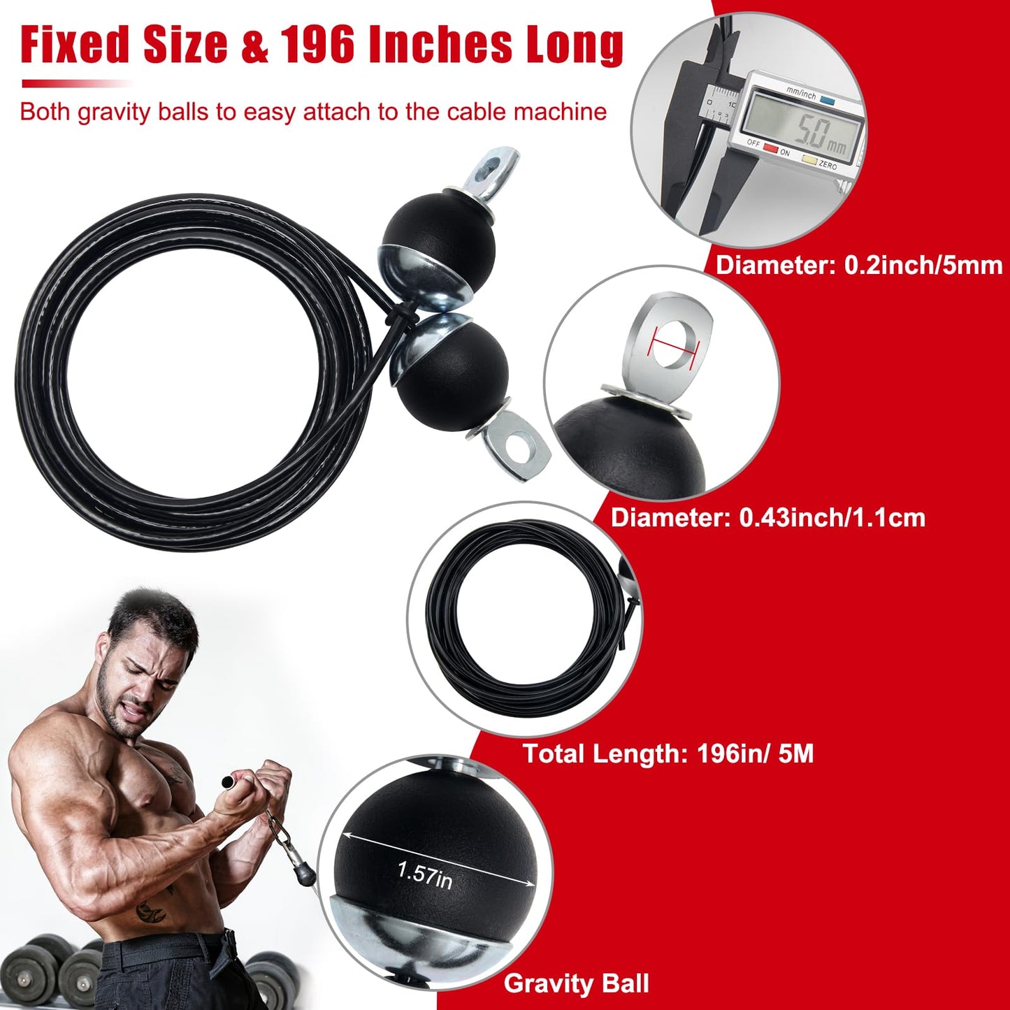 Anglekai 118In Home Gym Replacement Cable, Fix Fitness Pulley Cable with 2 Gravity Ball 5mm Gym Pulley Rope for Exercise Machine (118in)