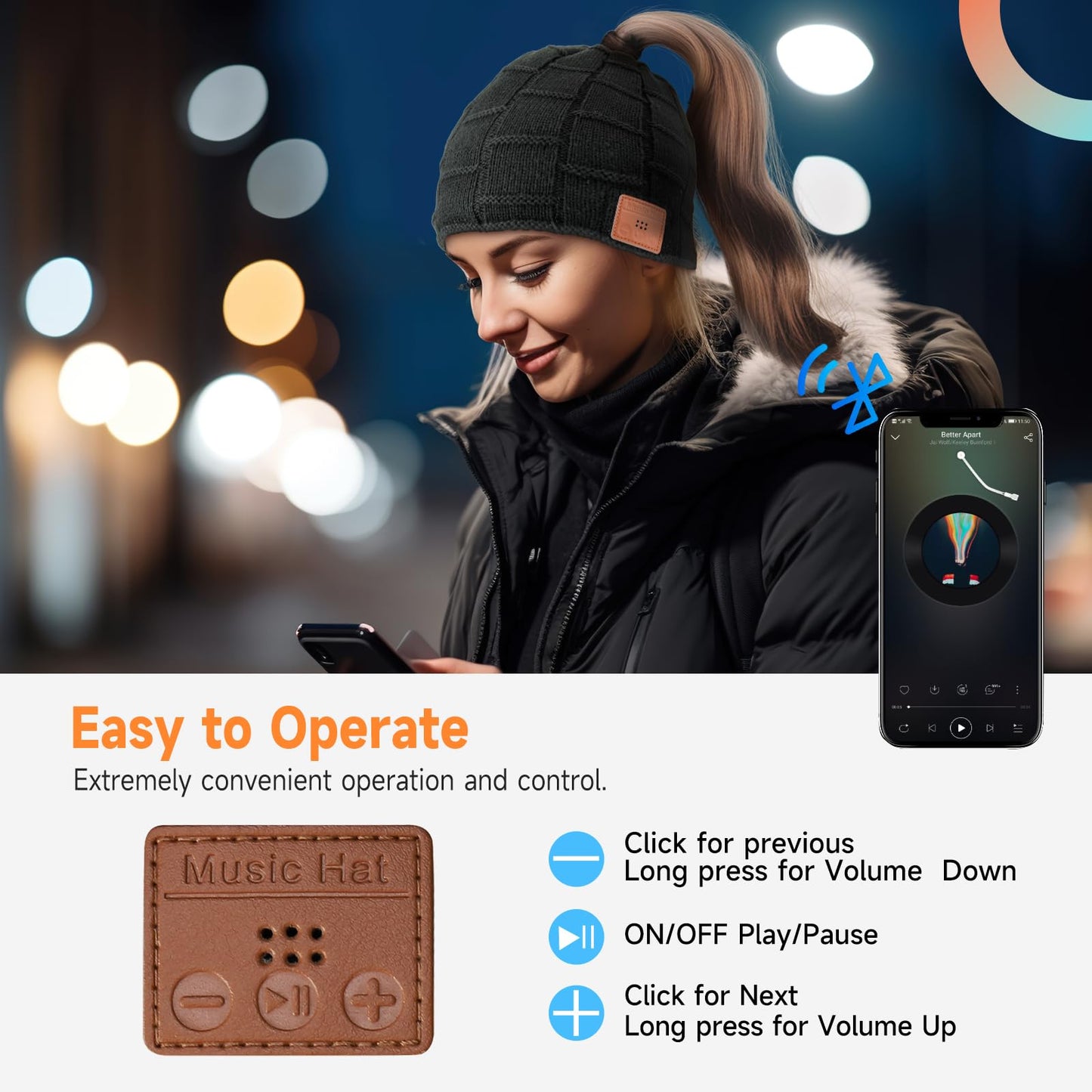 Bluetooth Beanie for Women with Ponytail Hole Wireless Knitted Beanie Hat with Bluetooth Headphones Built in Microphone, Winter Warm Hat Stocking Stuffers Black
