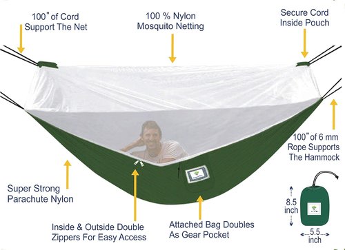 Hammock Bliss Mosquito Free Hammock Bliss – Camping Hammock with Bug Screen Mossy Netting Canopy - Integrated Suspension 100' / 250 cm Rope Per Side - Make Hammock Camping A Bug Free Experience
