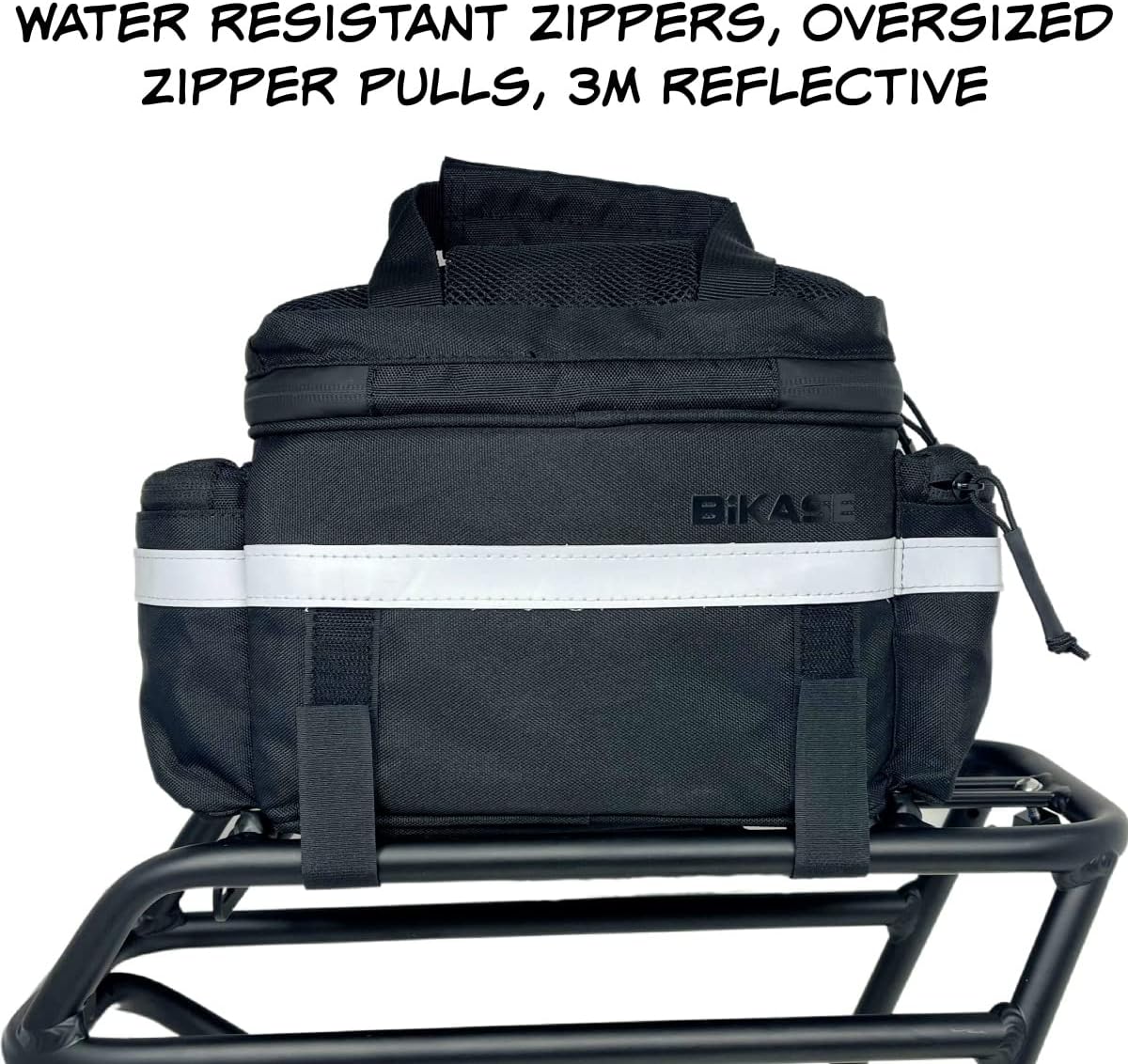 BiKase Big Momma Bike Trunk Bag - Universal Fit Medium Rear Rack Bag with Side Pockets, Top Bungee, Mesh Pocket, Key Holder & Reflective Accents - Spacious Bicycle Rack Bag for Ebikes & Bicycles