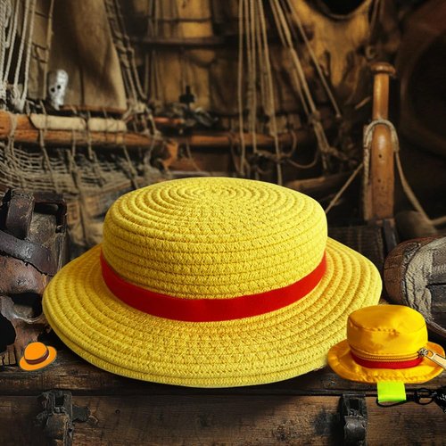 shiningsoul 3-in-1 Anime Pirate Captain Hat Cotton Rope Backpack + Strawhat Key Case + Enamel Pin - Anime Cosplay Daypack, Great Gift for OP Fans