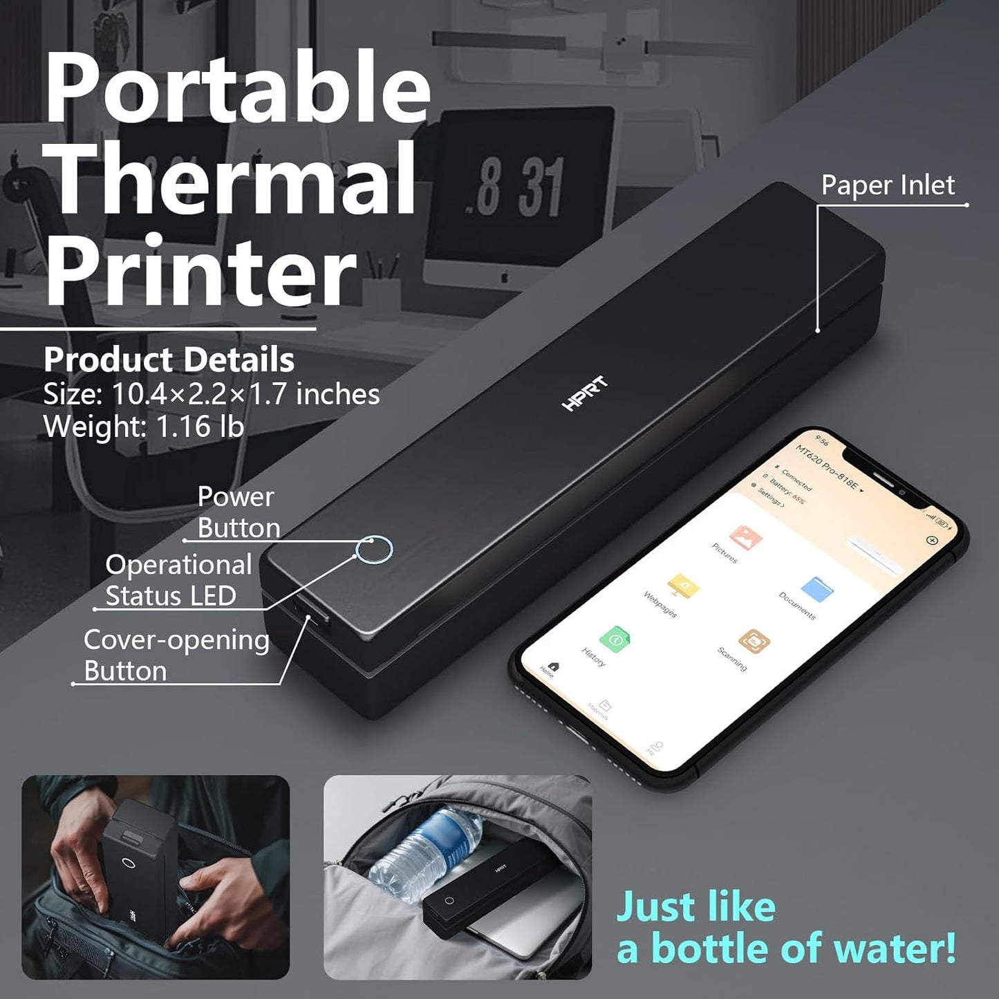Portable Printer Wireless for Travel, Small Bluetooth Thermal Inkless Printer Support 8.5×11" US Letter Thermal Paper, Mobile Printing for Office, Car, Home, Compatible with iOS, Andorid & Laptop