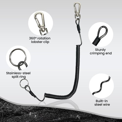 Pristis 6 pcs Fishing Coiled Lanyards, Heavy-duty Retractable Keychain Pole Tether, Stretchy Safety Leash with Steel Wire Carabiner, Board Rod Strap Accessory for Tools Gear Tackle Kayak, Black & Blue