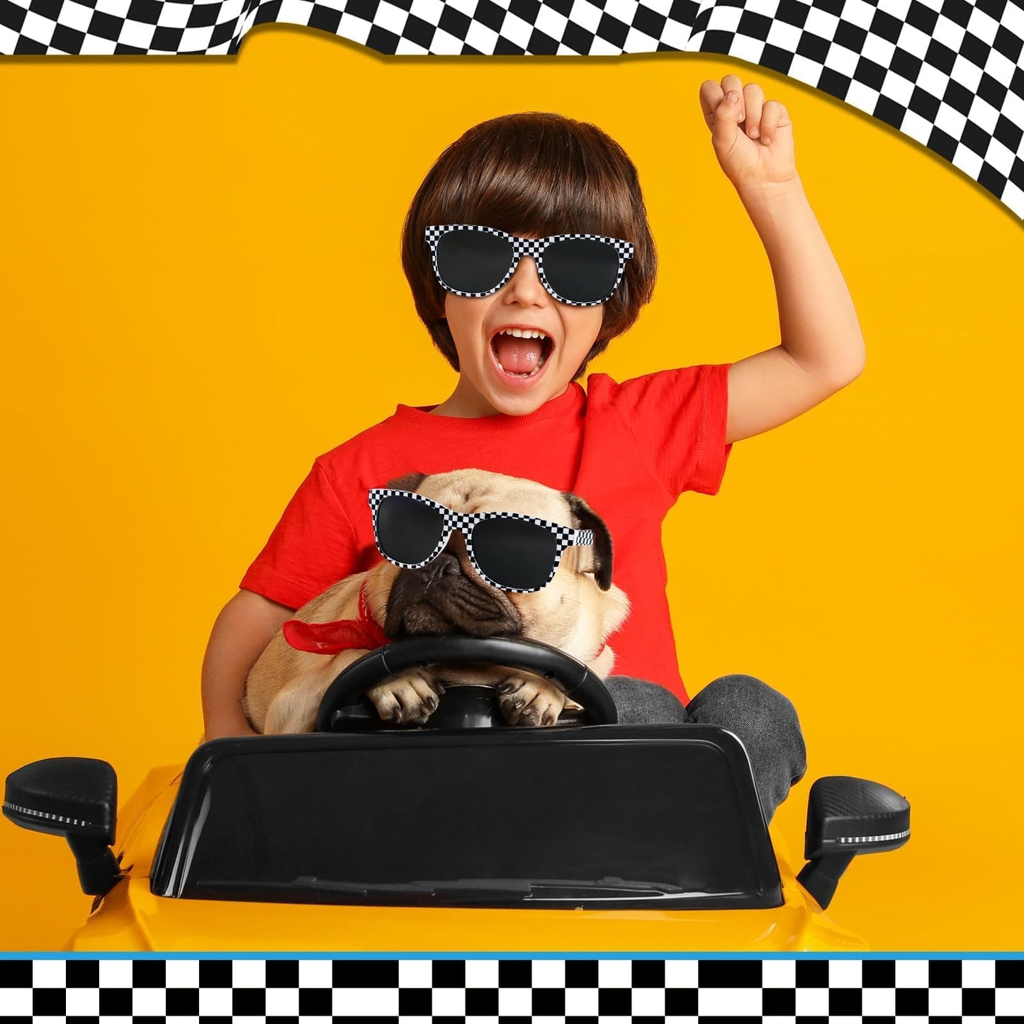 16 Pack Race Car Checkered Sunglasses White Black Frame Checker Sunglasses Bulk for Kids Racing Party Favors Essentials & Gear Up With Hot Car Plastic Glasses for Racing Theme Birthday Party Gifts