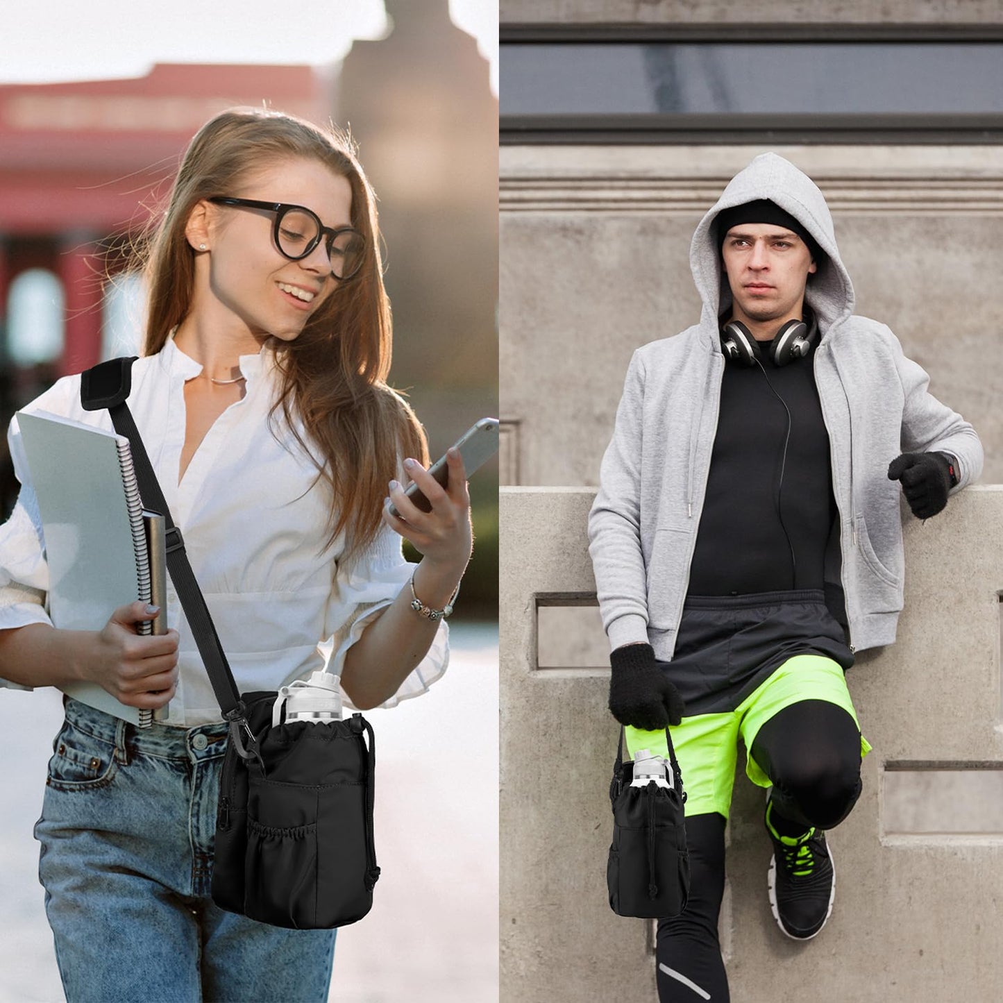 JRQCSJY Water Bottle Holder with Strap, 32/40oz Insulation Water Bottle Carrier Bag with Phone Pocket, Water Bottle Sling Bag Crossbody Water Bottle Holder for Hiking Walking(Black)