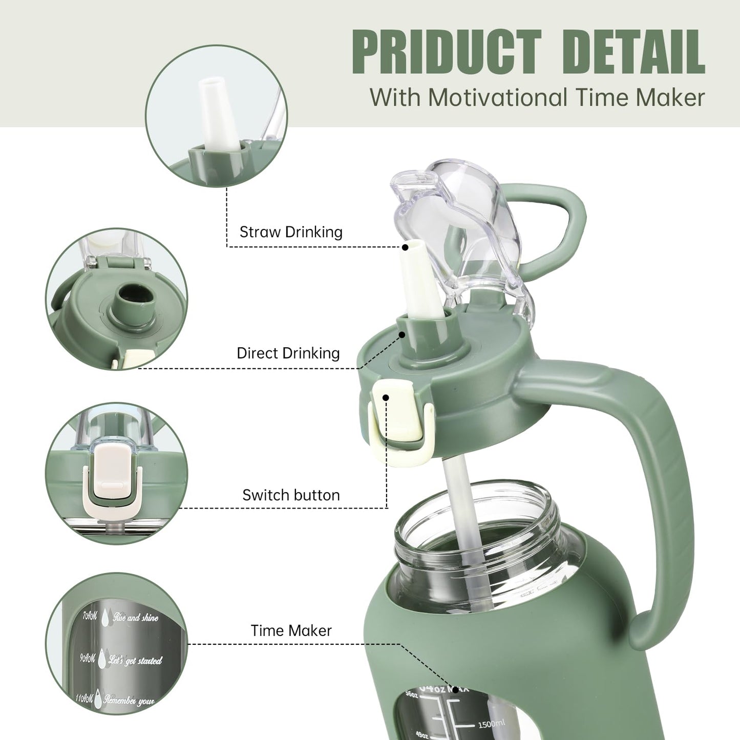 64 oz Glass Water Bottle with Straw and Handle Half Gallon Water Jug with Silicone Sleeve Large Water Bottle for Office, Gym, Outdoor Sports