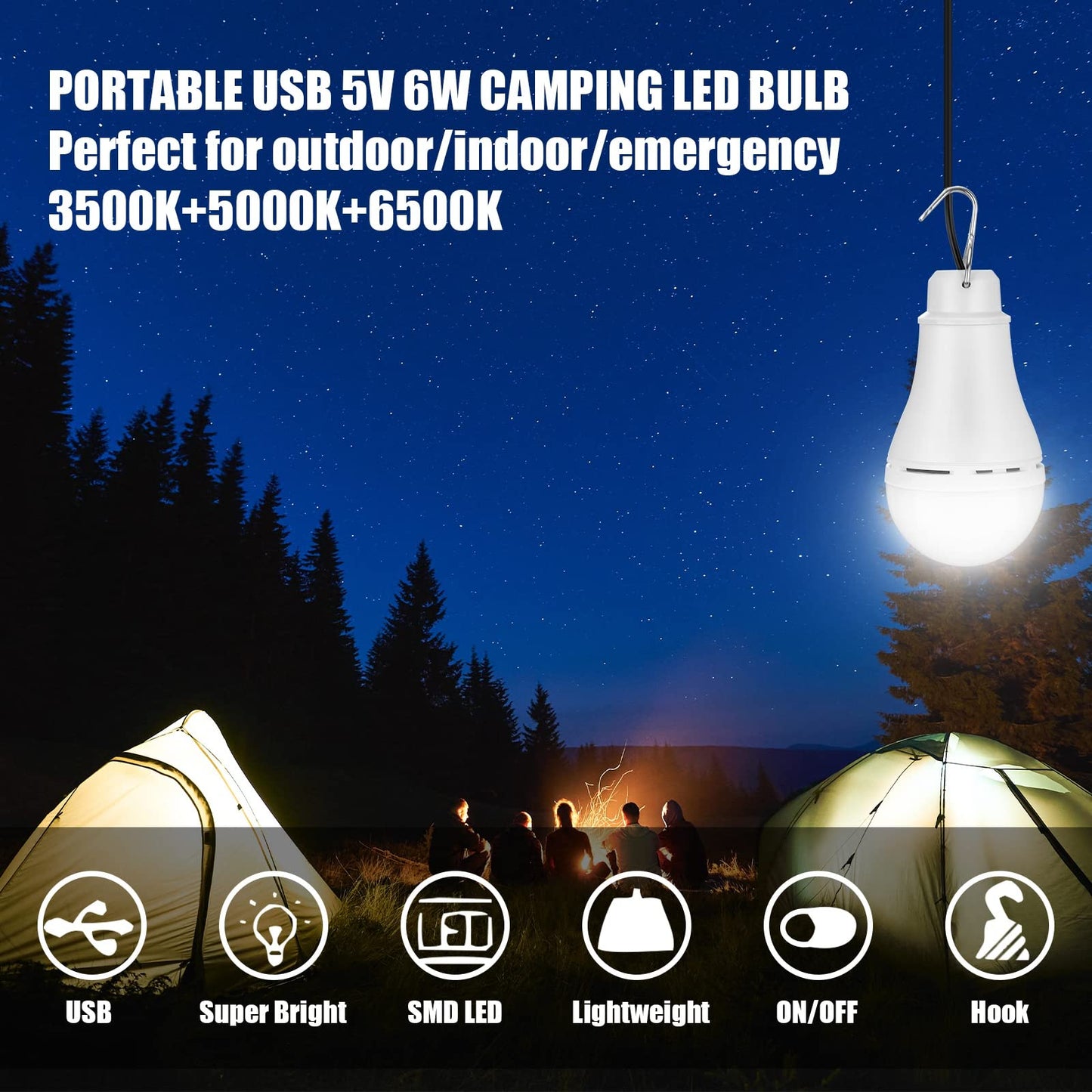 Kittmip 6 Pcs USB Light String LED Portable Light Bulb Rechargeable USB Strip Camping Lantern with Splitter Cable for Camping Porch Backyard Garage Warehouse Truck Fishing Boat