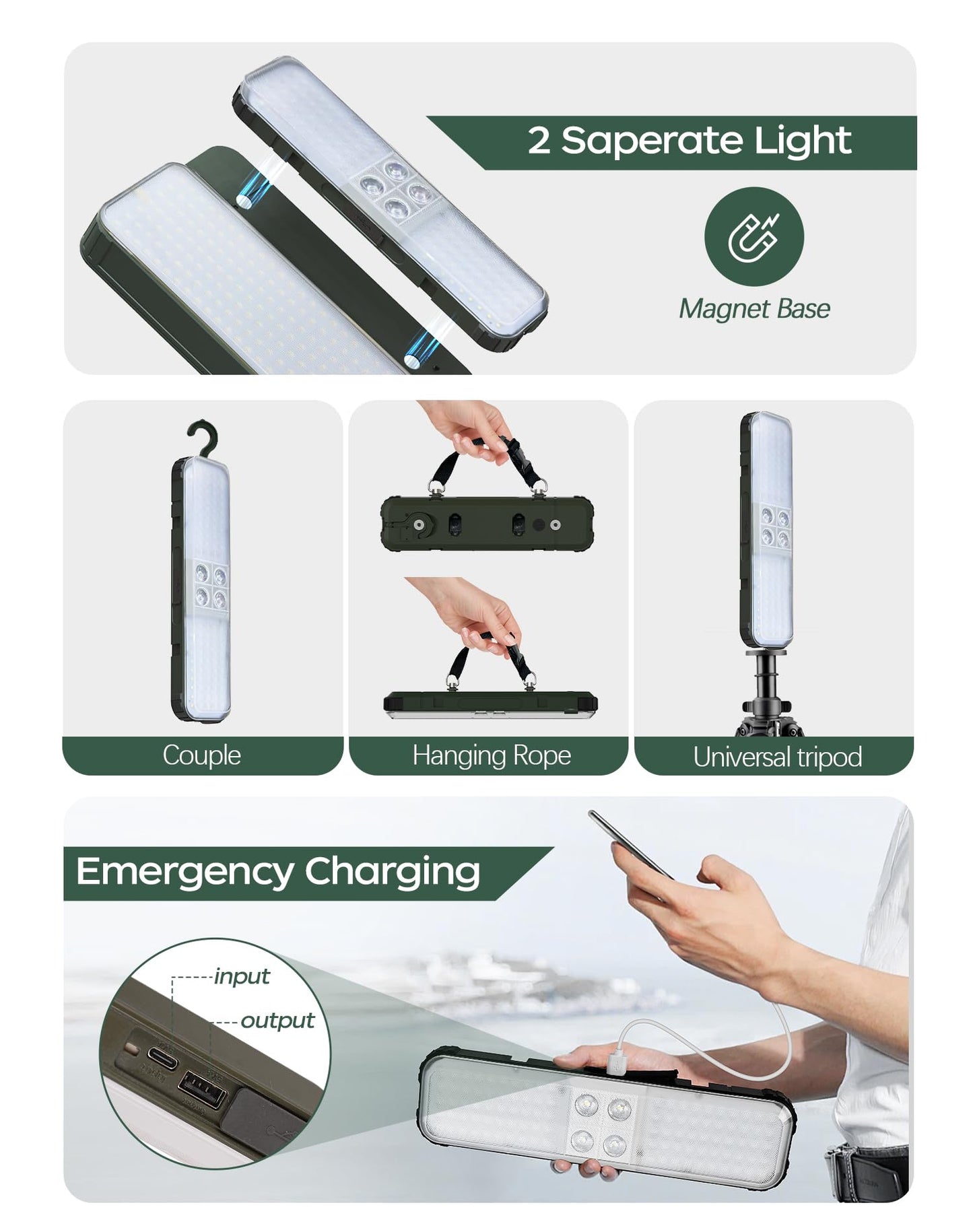 KIALUSH 10000lm Dimmable Rechargeable Work Light, 15000mAh Detachable Camping Work Light 72'' Telescopic with 2 Separate Lights, 2 Charge Ways Type C & Solar Powered