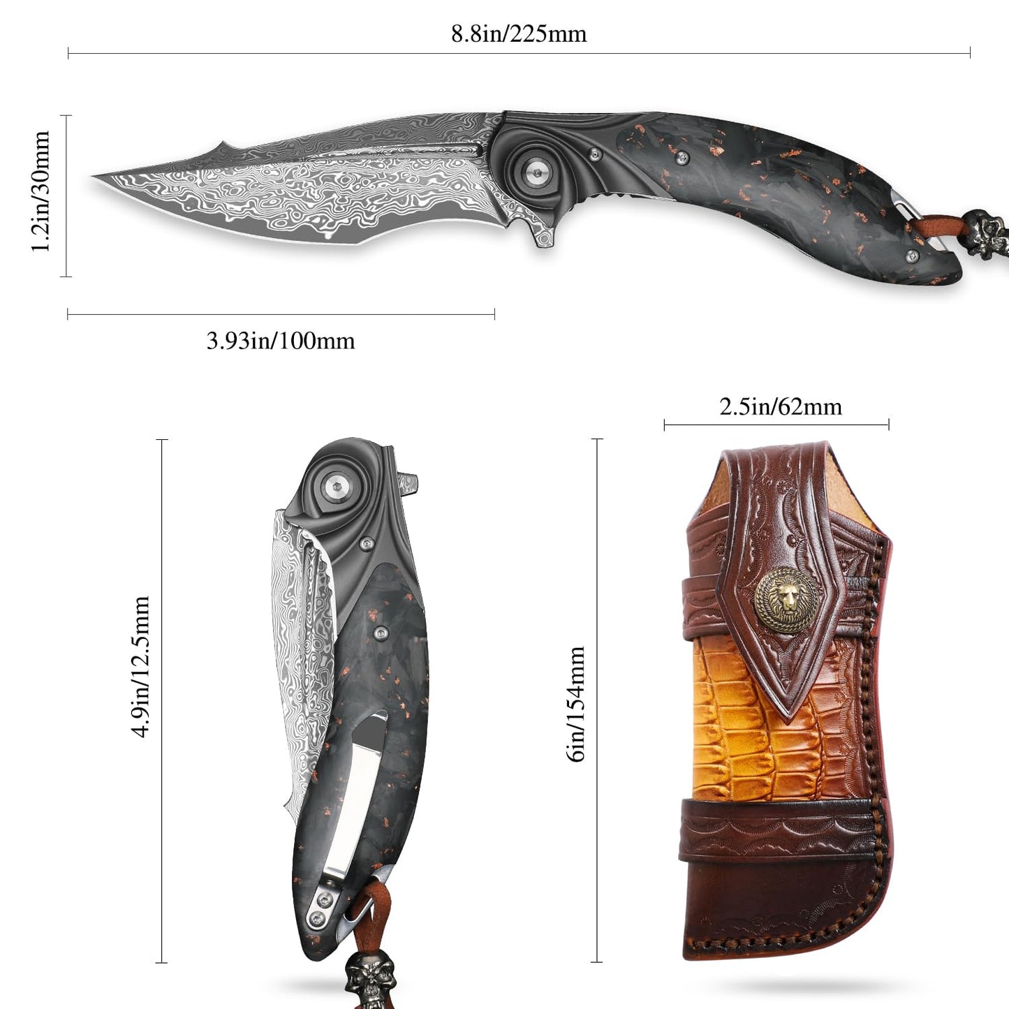 ALVELY handmade Folding Pocket Knife,Japanese Damascus steel 3.9in blade Men's folding knife,with Pocket Clip Leather Sheath,liner lock, Carbon Fiber Handle,fit EDC Outdoor camping Survival,gift