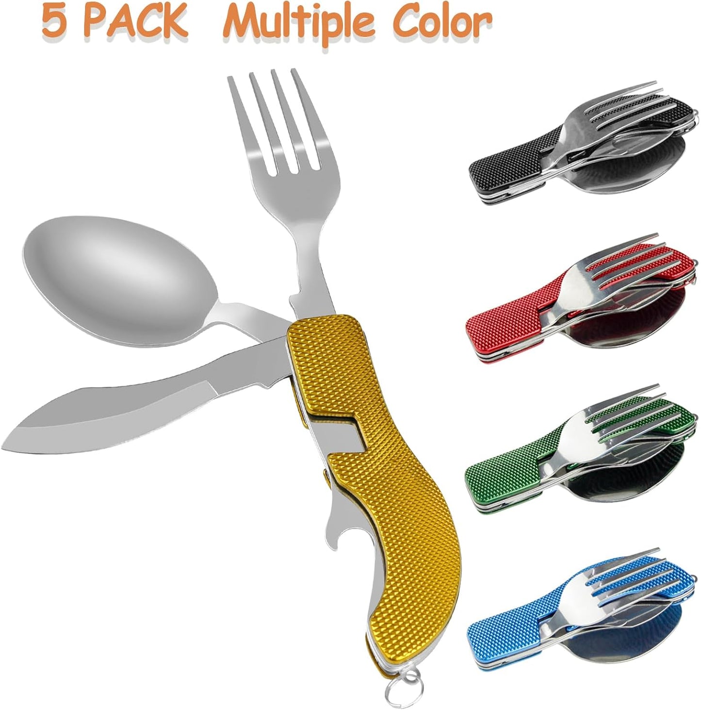7-in-1 Camping Utensils - Portable Stainless Steel Camping Fork Spoon Knife Set for Hiking, Picnics Outdoor Enthusiasts, and Travel - Essential Survival Utensil Tool Kit