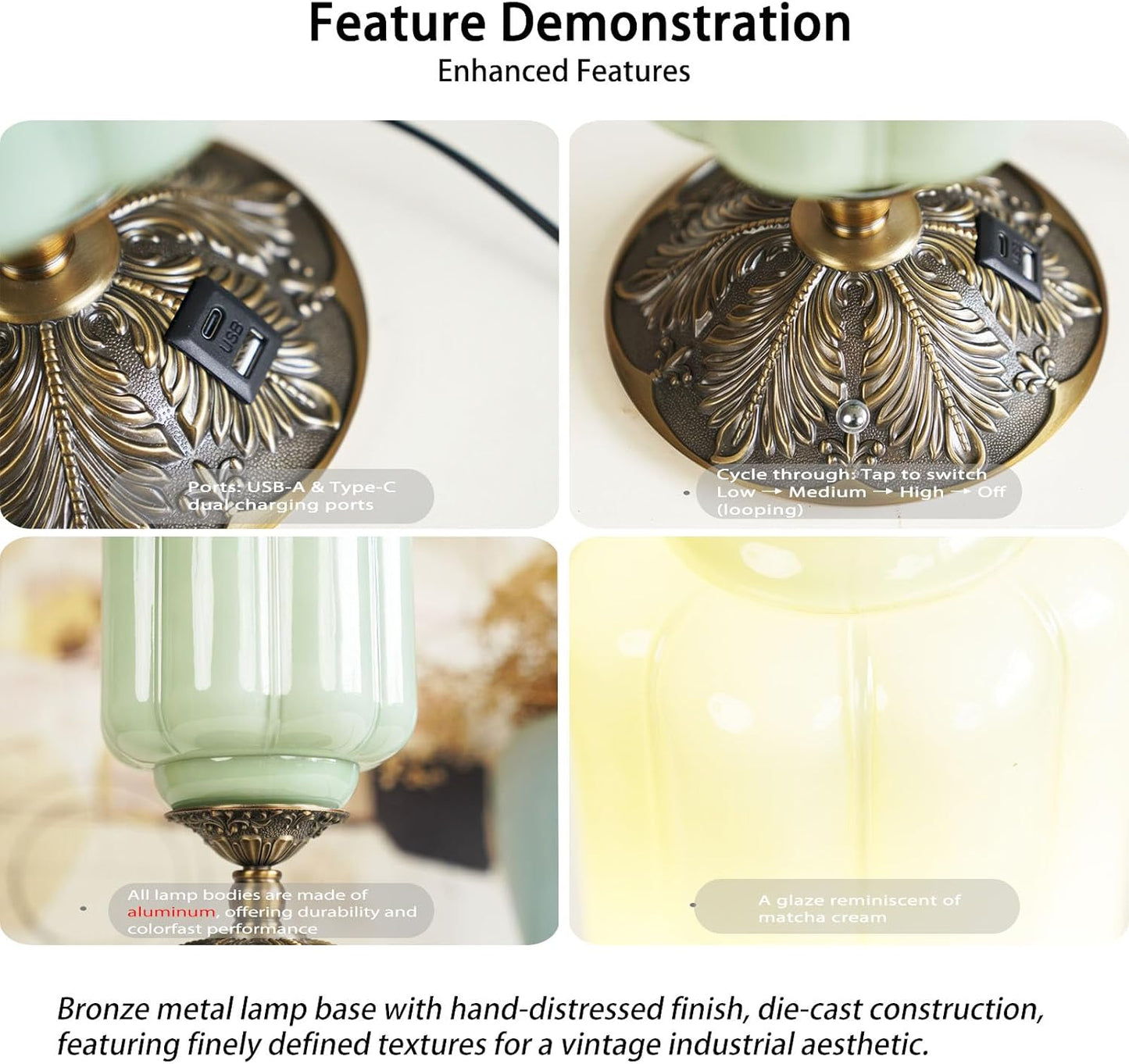 Milk Glass Touch Table Lamp, Elegant Green Jadeite Glass Bedside Desk Lamp 3 Way Dimmable with USB C+A Charging Ports - Bedroom Nightstand & Living Room Essential, 4W Bulb Included (Green, 6.5)