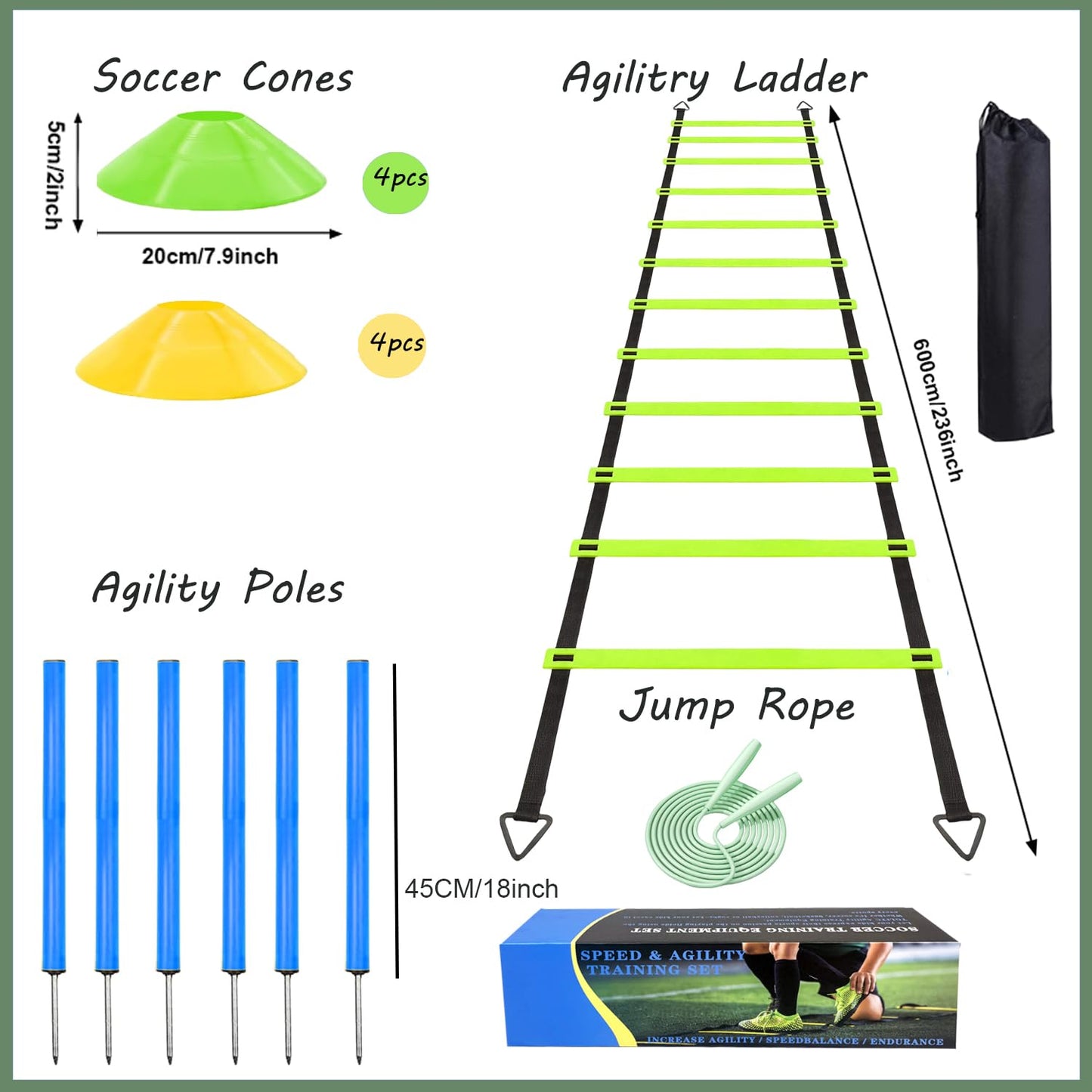 Agility Ladder Training Poles Equipment, Soccer Training Equipment-20ft Speed Ladder, 6 Agility Poles, 8 Soccer Cones for Training Football Basketball Rugby Training Equipment for Kids Youth Adults