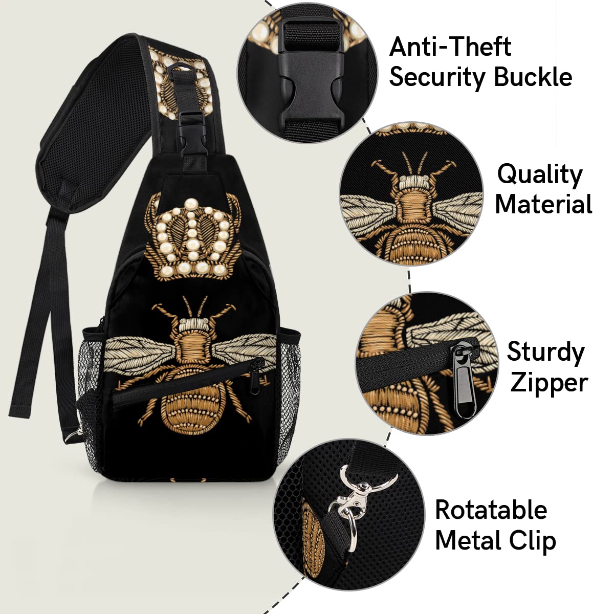 Bee Pattern Sling Bag Crossbody Sling Backpack Water Resistant Shoulder Bag Outdoor Travel Hiking Chest Bag Daypack for Women Men Unisex