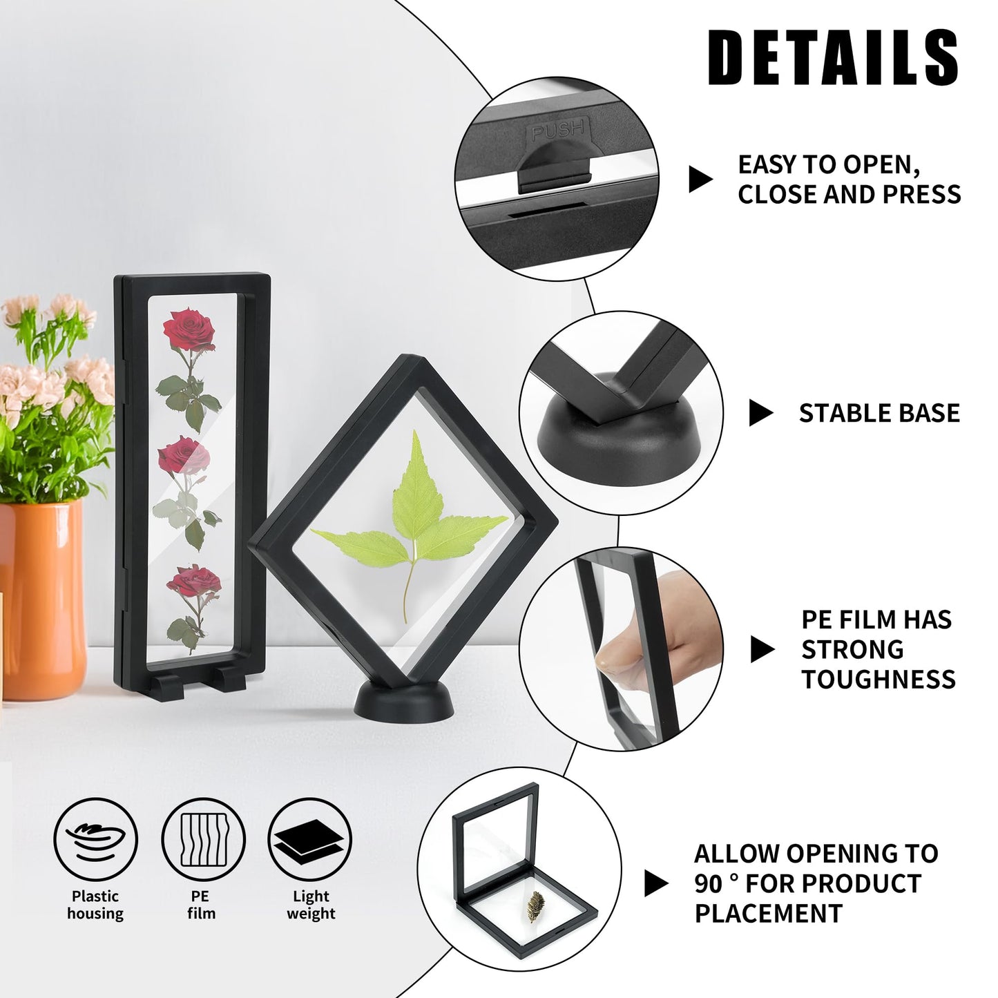 16 PCS Black Floating Display Case, UOIXPUHUO Transparent Challenge Coin Display Stand for Chips Ring Earrings Jewelry Necklace Shells Medals Antique AA Medallions (5.51*5.51*0.78in, 3.54*9.05*0.78in)