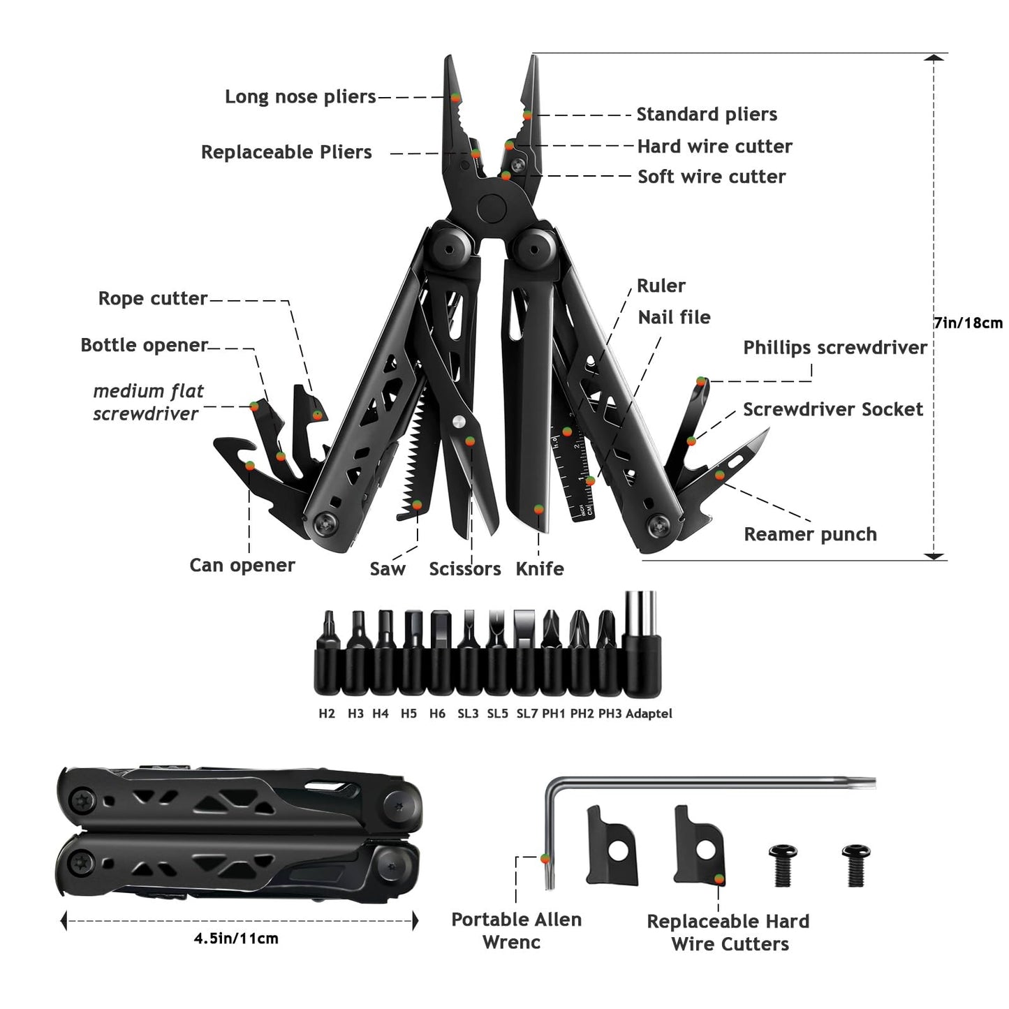 28-in-1 Multitool Pliers, Stainless Steel Multi Tool with Pocket Clip, Self-Locking, Replaceable Wire Cutters, and Precision Screwdriver, Foldable EDC Multi-Tool for Outdoor, Repair, Camping, Hiking