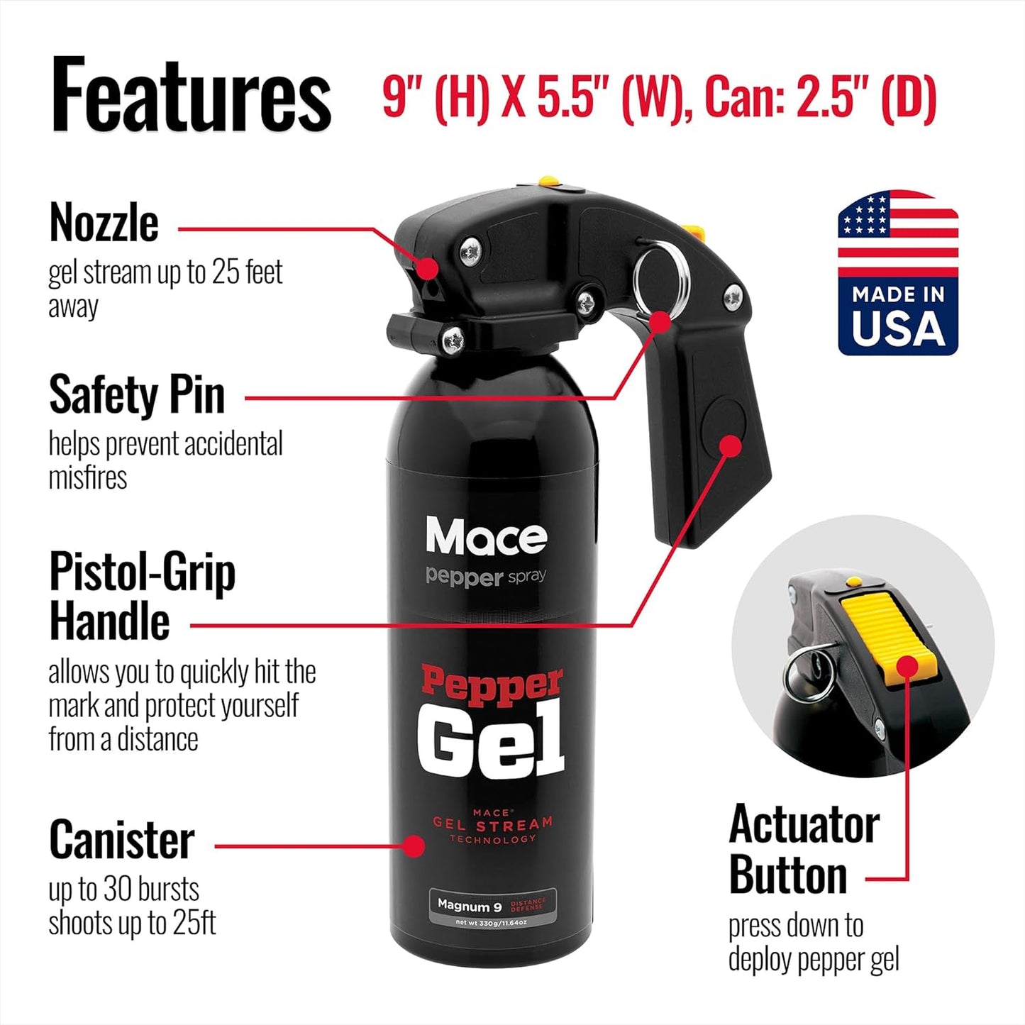 Mace Magnum 3, Magnum 4, or Magnum 9 Pepper Gel Spray, Up to 25 Feet Range, No Wind Blowback, Pepper Spray Gel for Women & Men
