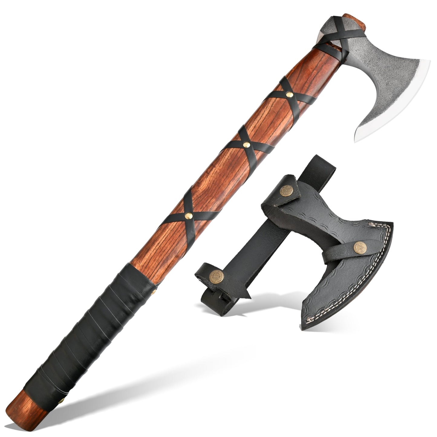 22-Inch Hand-Forged Viking Bearded Axe with Sheath – Survival & Camping Hatchet for Men – Best Gift (Brown Ragnar)