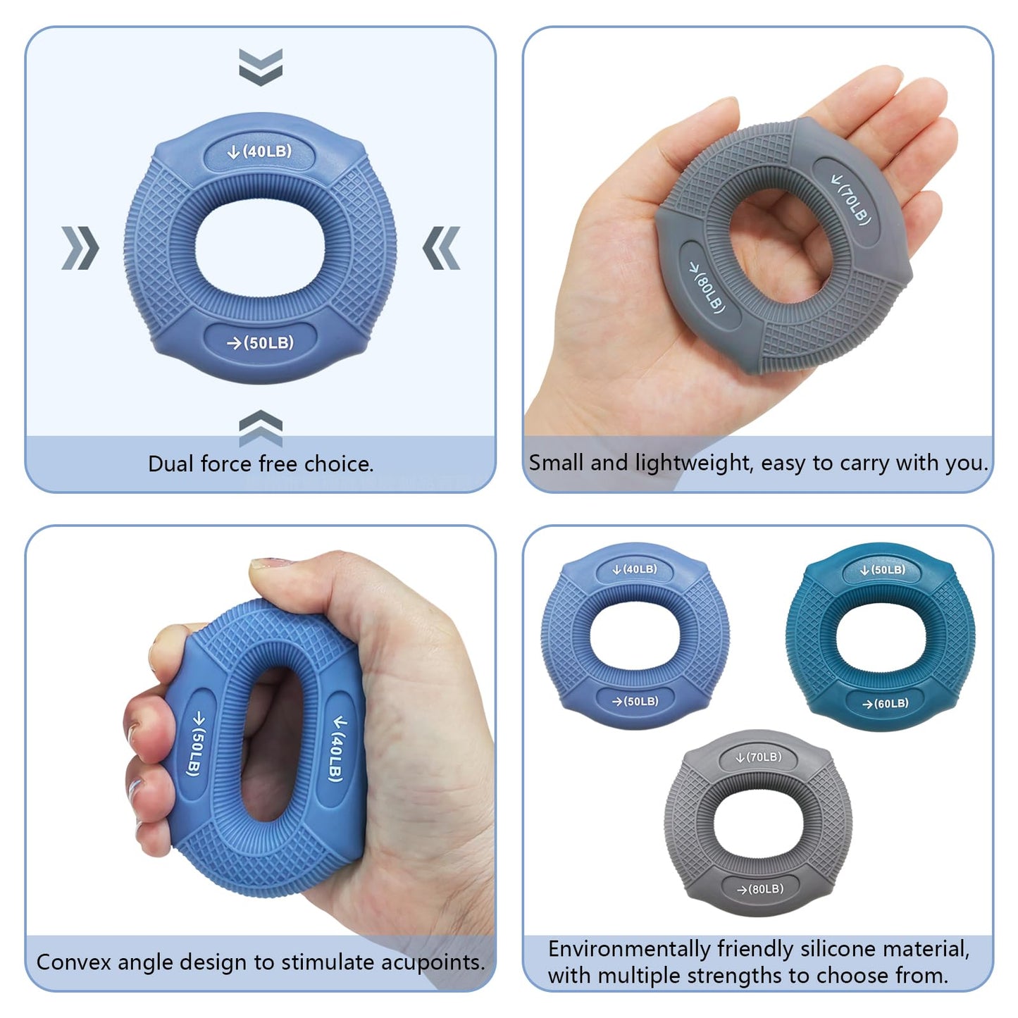 Grip strength trainer Hand grip strengthener, Forearm exerciser, Workout Set for Hand and Wrist Muscle Trainer Stress Relief, Silicone Ring for Muscle Training, Sports, Rock Climbing, Bouldering, and